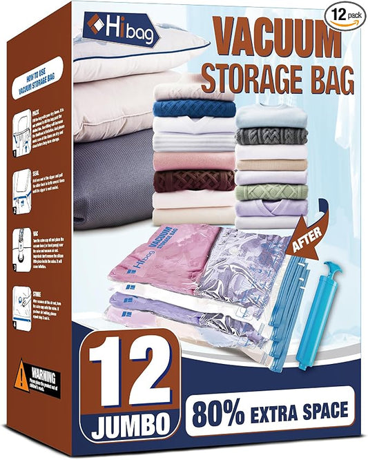 12 Jumbo Vacuum Storage Bags for Bedding, Vacuum Seal Bags for Clothing | Extra Large XL, Airtight Triple Seal, Save 80% Space, Hand Pump, Work with Vacuum, Double Zip, Reusable, Easy to Use