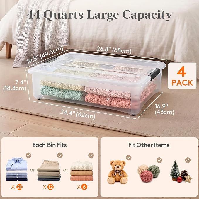 Lifewit 44Qt Storage Bins with Lids, Plastic Large Latches Boxes with Wheels, Clear Totes Tubs Container for Closet Organizers and Storage, Bedroom, Clothes, Craft, 4 Pcs