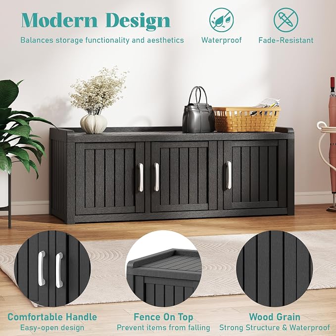 NUNU LAB Shoe Storage Cabinet, Waterproof Shoe Organizer with Adjustable Shelves, UV-Resistant Entryway Shoe Cabinet Bench with 3 Barn Doors for Indoor Outdoor, Foyer, Hallway, Living Room,Black