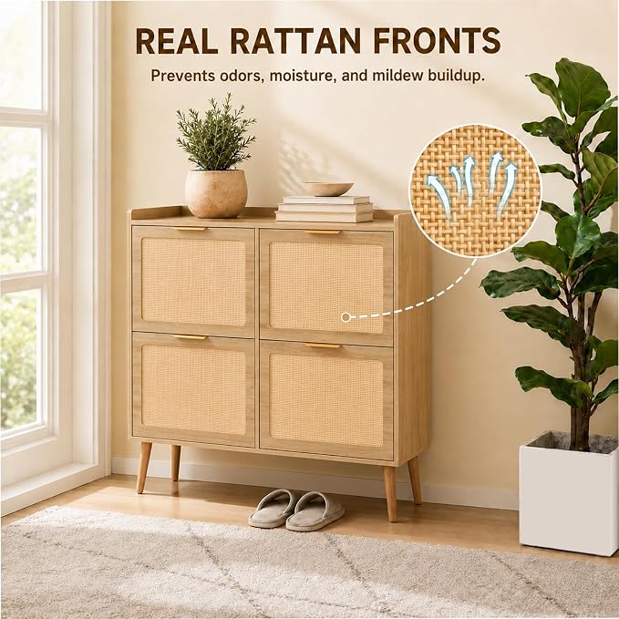 Shoe Cabinet, Rattan Shoe Storage Cabinet for Entryway with Flip Drawers | 4 Flip Drawers, Breathable Rattan, Odor Resistant, Hidden Shoe Organizer, Slim Space Saving, Narrow Cabinet, Entryway Storage