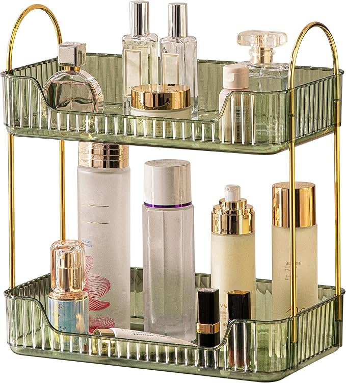 Akinbas 2 Tier Bathroom Organizer Countertop Makeup Perfume Tray Skincare Organizer for Bathroom Dresser Vanity (Green)