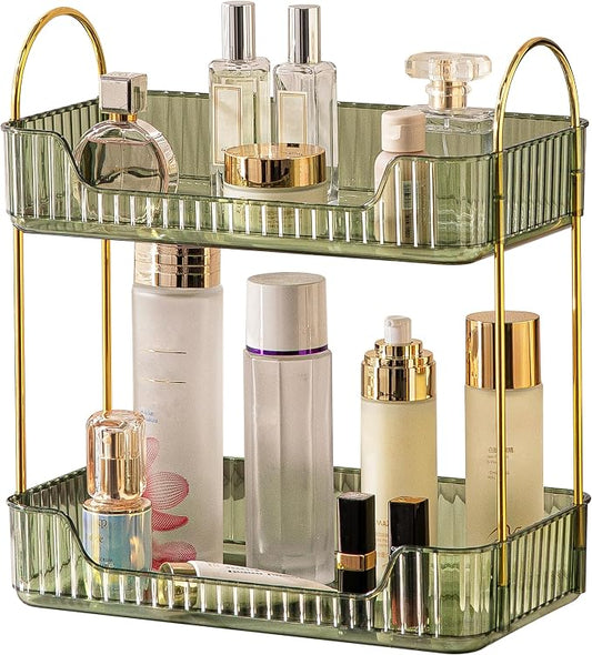 Akinbas 2 Tier Bathroom Organizer Countertop Makeup Perfume Tray Skincare Organizer for Bathroom Dresser Vanity (Green)