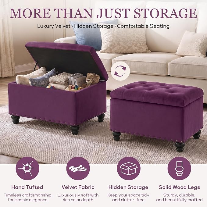 Zihanhome Velvet Storage Ottoman Bench, Button Tufted Ottoman with Hidden Storage, Upholstered Foot Rest Stool with Solid Wood Legs for Living Room, Bedroom, Entryway & Small Spaces (Purple)