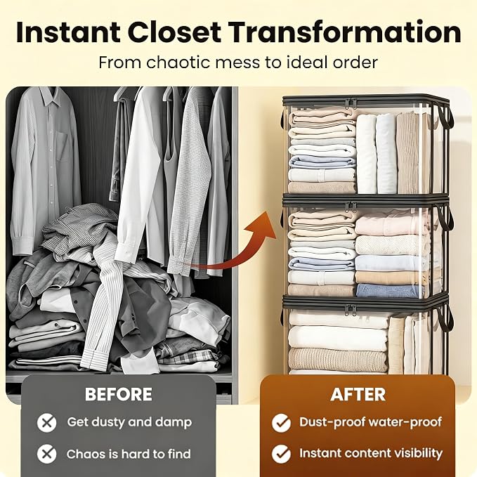 Clear Thin PVC Storage Bags - Lightweight Foldable Storage Bins with Hinged Lid & Handles, Reusable Clear Closet Organizer Containers for Clothes, Blankets, Textbooks, Toys, Travel