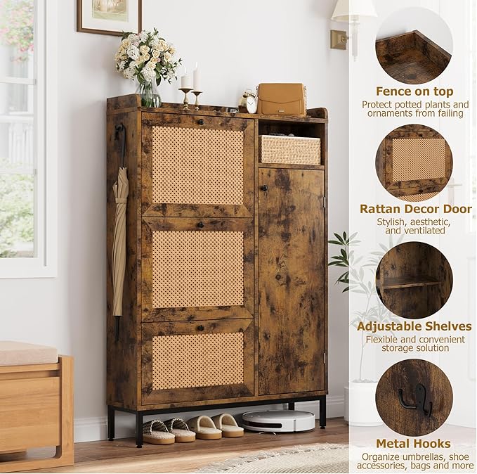 Garvee Shoe Cabinet with 3 Flip Drawers and 4-Tier Shoe Storage Cabinet, Freestanding Shoe Organizer with Adjustable Shelf and Rattan Doors for Entryway, Closet, Hallway