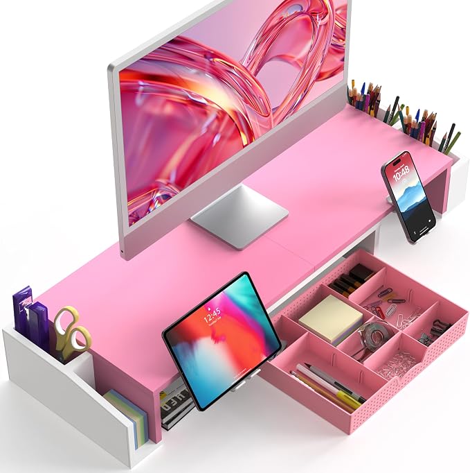 Simple Houseware Desk Dual Monitor Stand Riser with Drawer, Pink | Customizable Organizer Tray, Built-In Phone & Tablet Slot and Side Storage