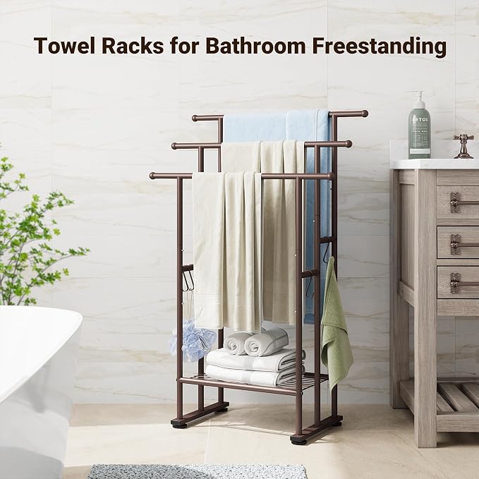 ELYKEN 3 Tier Freestanding Towel Rack with Shelf, 40" H Towel Stand, Bronze | Metal Drying Rack for Oversized Bath Towels & Blankets, 4 Hooks, Indoor & Outdoor Use, Fits Bathroom, Tub, Shower, Poolside