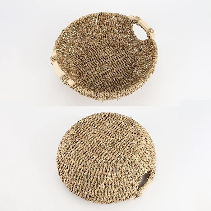 13.39" Seagrass Woven Round Basket with Wooden Handles, Handwoven Bread Basket & Fruit Bowl for Kitchen Counter, Natural Wicker Storage Basket for Bread, Vegetables, Household Organizing