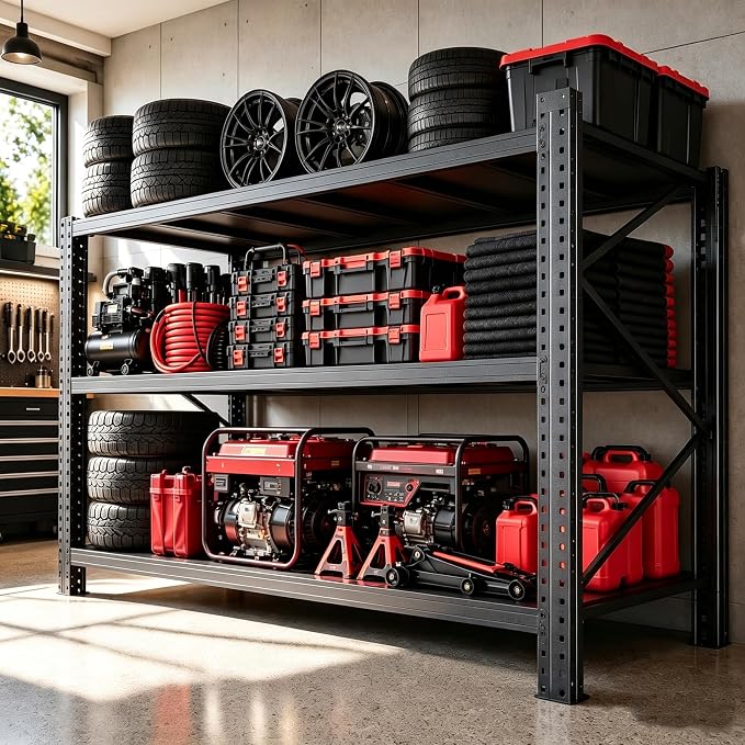 67” W Storage Shelves Heavy Duty 5000Lbs Adjustable Metal Garage Shelving Unit Rack Metal Storage Shelf for Heavy Tools and Equipment, Ideal for Garage, Basement, Black, 67" W X 20" D X 63" H