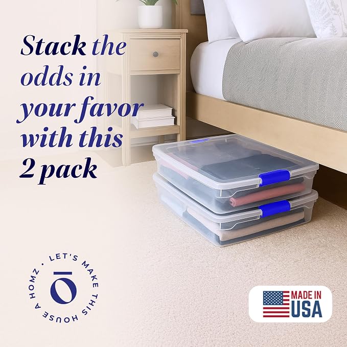 HOMZ 56 Quart Clear Plastic Underbed Storage Bins, Pack of 2 Large Organizer Containers with Secure Latching Lids, Easy Grip Handles and 4 Gliding Wheels, Stackable and Nestable