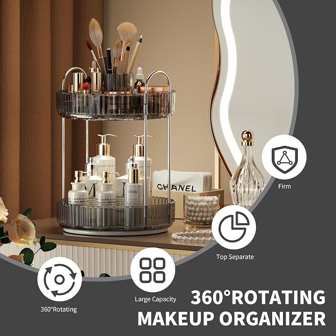 YCIA&DONE Rotating Makeup Organizer for Vanity, Large Capacity Make Up Storage Skin care Shelf Perfume Holders Cosmetic Dresser Organizer Countertop Spinning 360 (Smoky Gray, 2Tiers)