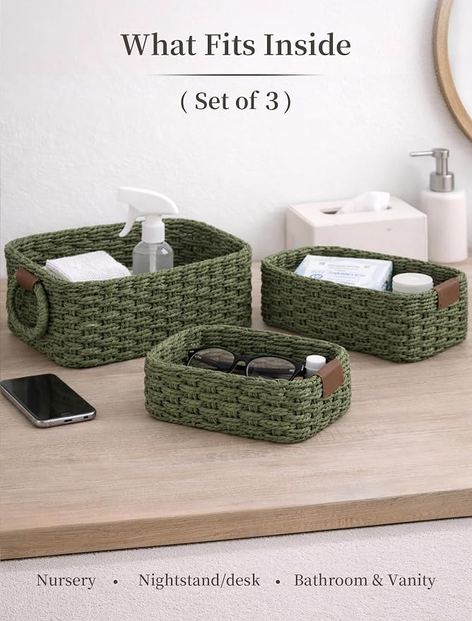Small Wicker Baskets, 3 PCS Paper Rope Baskets for Shelves, Green | Recycled Small Baskets, 3 Sizes Woven Baskets for Organizing, Decorative Storage Baskets for Bedroom and Bathroom