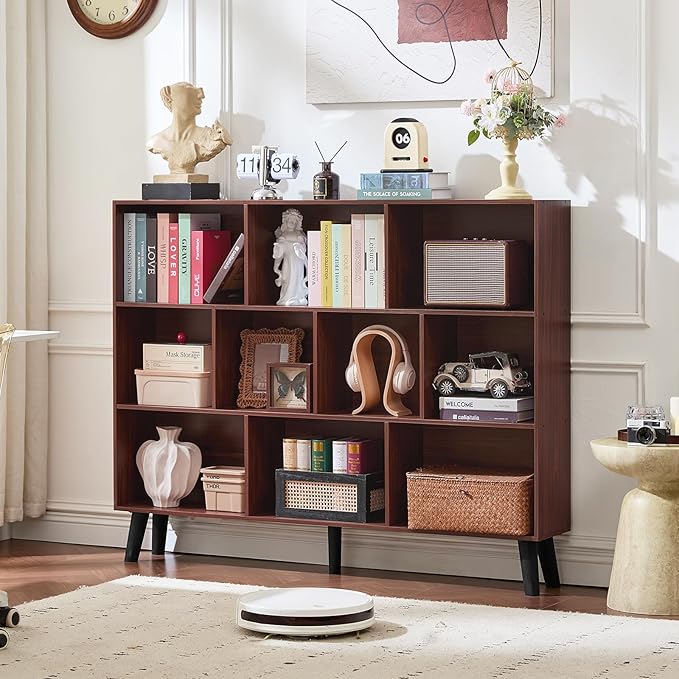 LEYAOYAO 10 Cube Bookshelf, Mid-Century Modern Book Shelf with Legs, Walnut | 3 Tier Bookcase, 55" Wide Rustic Wood Bookshelves Large Storage Organizer, Open Shelves for Bedroom, Living Room, Office