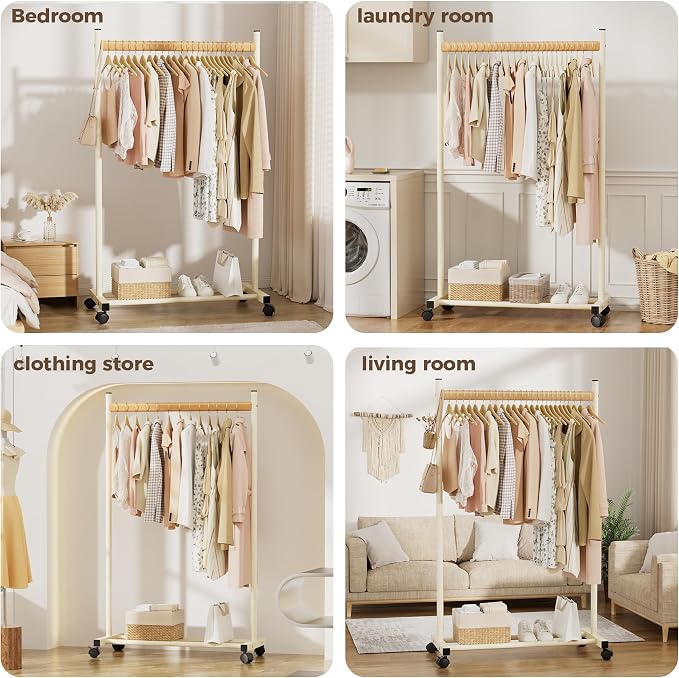 White Clothing Rack for Hanging Clothes, Portable Rolling Clothes Rack with Wheels, Heavy-Duty Metal Garment Racks with Bottom Shelf, Large Load Capacity & Easy Assembly