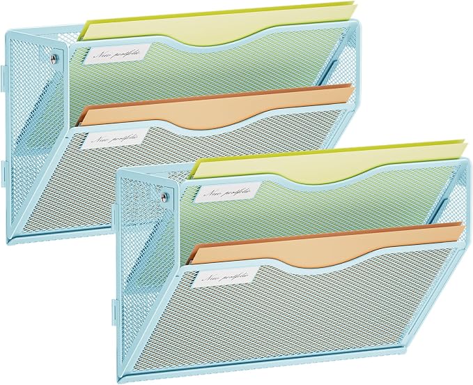 Marbrasse Wall File Holder 2-Tier Hanging Wall File Organizer, Mesh Mail Holder for Papers, Wall Mount File Clipboard & Magazine Organizer Great for Office Home - 2P(Blue)