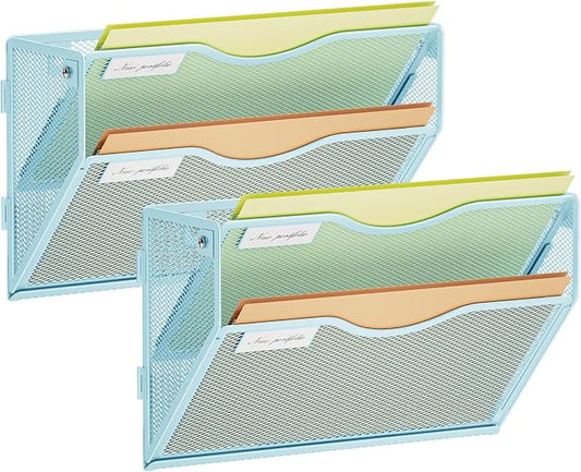 Marbrasse Wall File Holder 2-Tier Hanging Wall File Organizer, Mesh Mail Holder for Papers, Wall Mount File Clipboard & Magazine Organizer Great for Office Home - 2P(Blue)