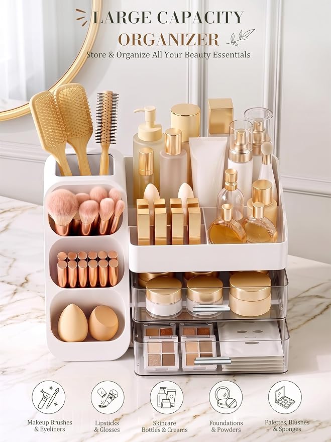 Makeup Organizer for Vanity - Large Skincare Organizers Countertop, Cosmetic Organizer with Brush Holder and 2 Drawer, Makeup Storage for Lipsticks, Nail Polishes, Eyeshadow Palettes, White