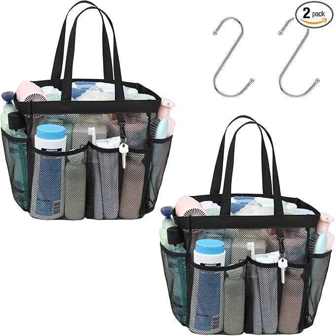 Mesh Shower Caddy Portable - 2 Packs, Extra Large Shower Bag for Dorm | 2 Pack, S-Hook, Quick-Dry, Hanging Toiletry Organizer, College Dorm Room Essentials for Girls, Gym, Travel & Bathroom, Black