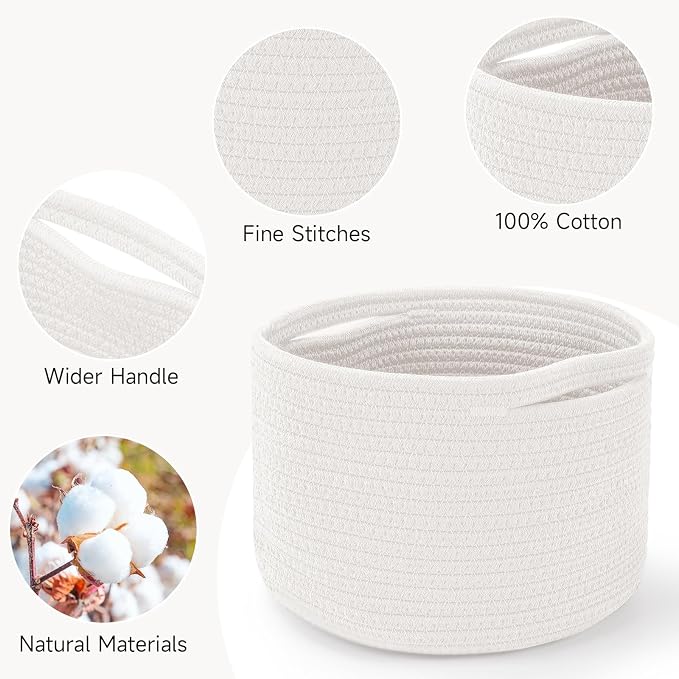 3 Pack Small Rope Storage Baskets, 9.82×9.82×7.1", White | Cotton Basket for Gifts Empty, Cute Round Woven Basket, Decorative Shelf Basket Organizer, Organizing Basket for Shelves