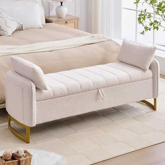 66" End of Bed Bench King Size, Teddy Boucle Storage Bench for Bedroom Foot of Bed, Storage Ottoman Bench with Golden Legs and Pillows for Living Room Window Entryway, White