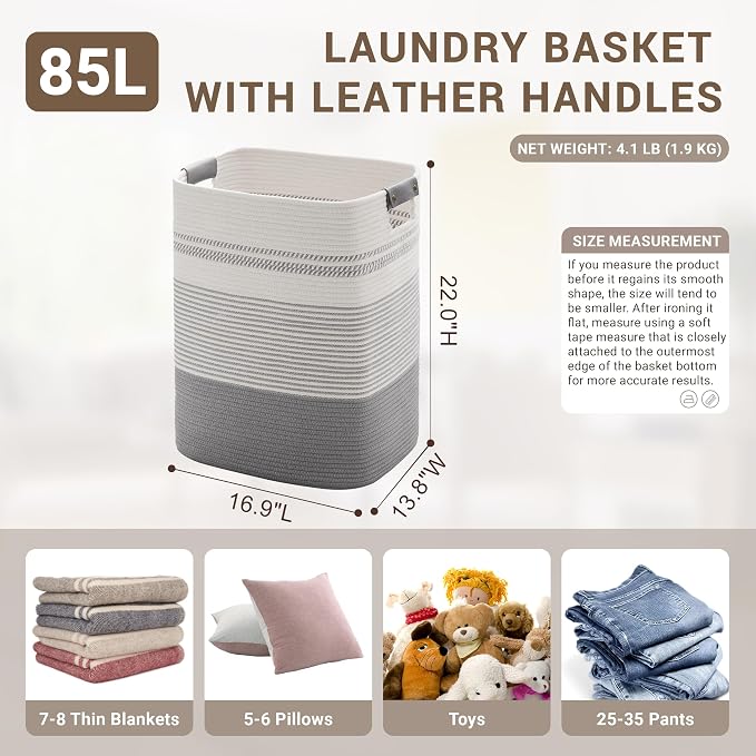 85L Tall Woven Laundry Basket Hamper with Leather Handles,Grey | collapsible wicker hamper, storage for dirty clothes, toys, blankets, gifts, living room, bedroom, bathroom, 17"x14"x22"