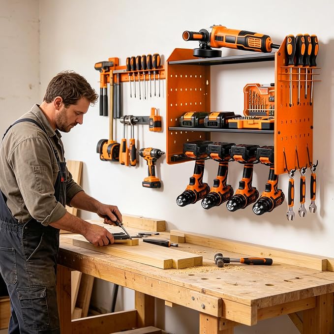 Power Tool Organizer Wall Mount,Power Drill Tool Holder | 200lb Heavy Duty Tool Shelf,4 Tier Cordless Tool Organizerwith 4 Drill Holders & 3 Divider Panels,Orange
