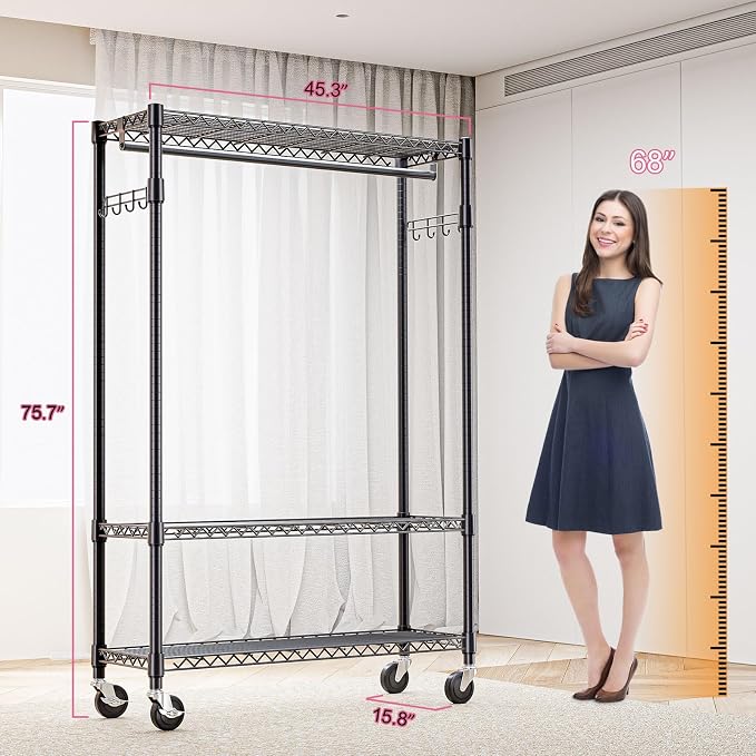 M MZG Heavy Duty Rolling Garment Rack 3 Tiers Adjustable Wire Shelving Clothes Rack with 1 Rods and Side Hooks,Storage Closet Clothing Rack with Wheels Black 15.7" D x 45.3" W x 75.6" H