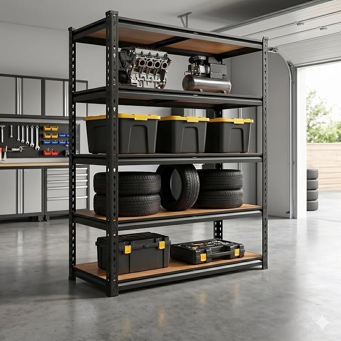 60" H Heavy Duty Storage Shelves, 2400LBS Capacity Metal Shelving Unit, Adjustable Garage Shelves & Organizer with Overlap Design for Home Garage Warehouse Storage Shop,Black