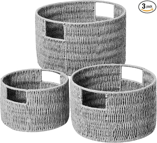 Wicker Storage Basket, Hand-Woven Paper Rope Large Round Woven Basket With Handles, Wicker Baskets for Organizing/Storage, Grey, 3-Pack