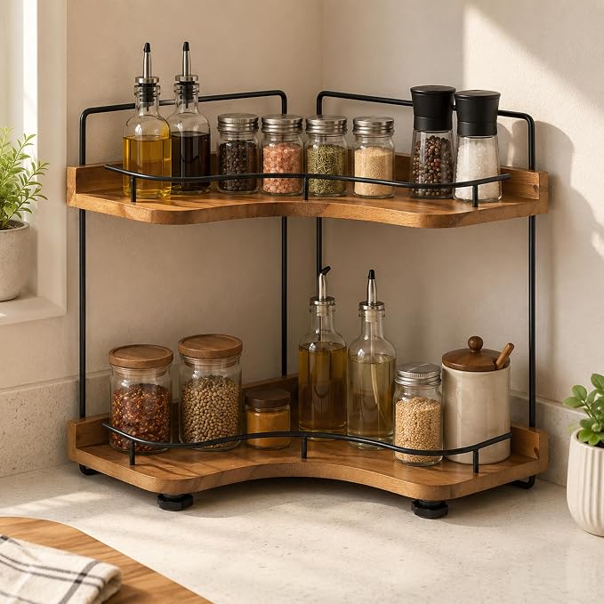 2-Tier Bathroom Counter Organizer, Solid Wood Corner Shelf for Vanity Countertop, Skincare & Makeup Storage Organizer with Metal Frame, Kitchen Counter Storage, Walnut