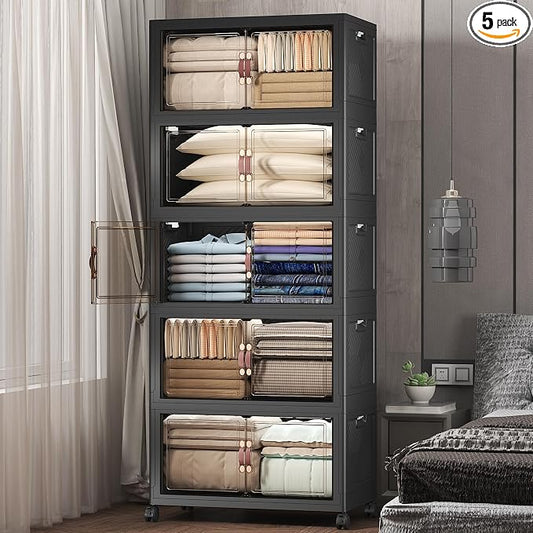 Stackable Storage Bins with Lids, 840QT Closet Organizers and Storage Cabinet with Doors & Wheels, Lockable Plastic Foldable Drawers for Bedroom Dorm Office Garage（168QT*5,Black）