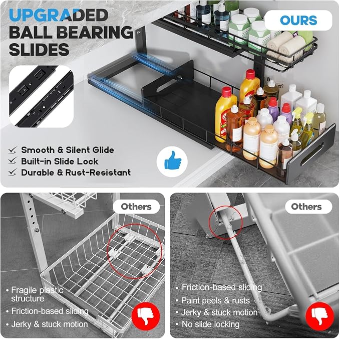 Under Sink Organizer Upgrade To Professional Rails,2-Tier Dual Pull Out Cabinet Storage,Height Adjustable Slide Out Drawers For Bathroom Kitchen,1 Pack-21"Dx12.8"-16.9"H,Black