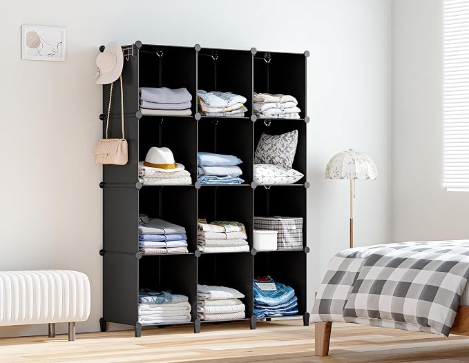 HOMIDEC Closet Organizers and Storage, 12 Cube Storage Organizer, Black | Portable Closet Organization Clothes Shelves Clothing Storage for Kids, Closet, Bedroom, Bathroom, Office