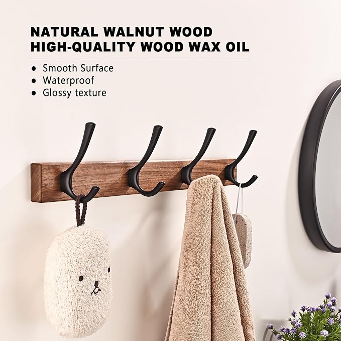 17.3" Small Walnut Wood Coat Rack Wall Mount with 4 Hooks, Heavy Duty Wooden Jacket Hanger Door Mounted for Decorative Entryway and Bathroom Hanging Towel Backpack Purse Clothes Hat Key Black