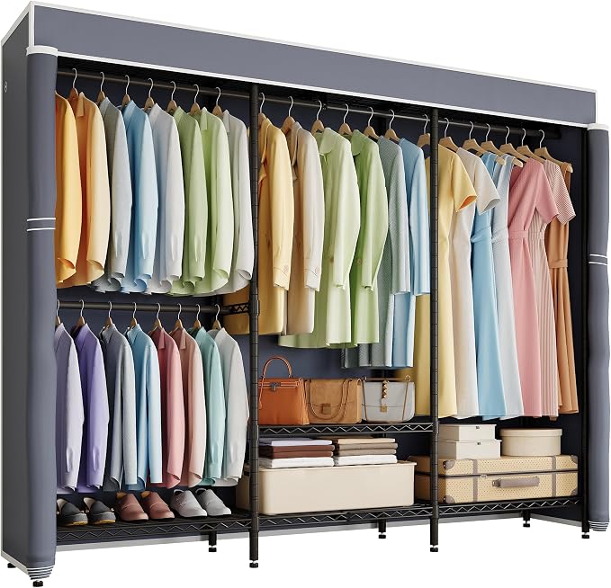 Higeego Heavy Duty Clothes Rack with Cover, Black with Grey Cover | Garment Rack with Cover, Clothing Rack for Hanging Clothes, Portable Closet with Dustproof Cover, with Adjustable Shelves
