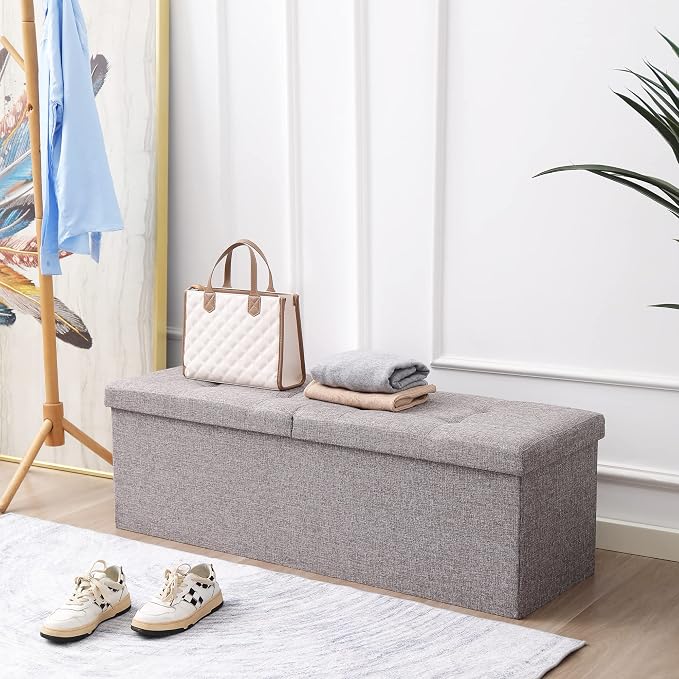 45.3 Inches Foldable Seat Footrest Shoe Bench End of Bed Storage with Flipping Lid, 166L Upholstered Tufted Bench, Linen Fabric Grey