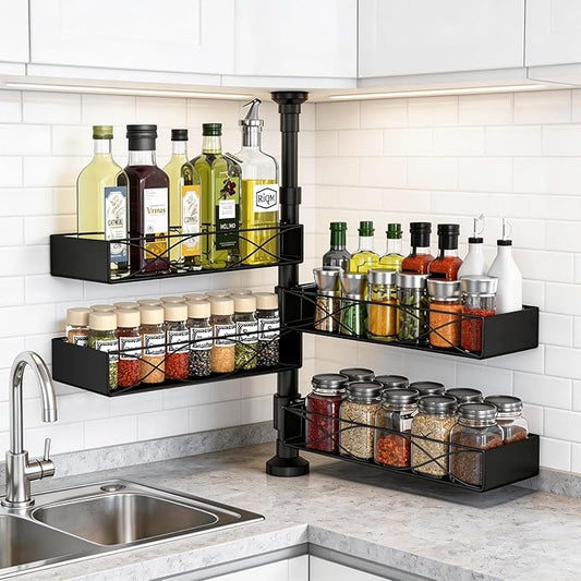 MIXOO Spice Rack Organizer Tension Pole, 4-Tier Adjustable Spice Organizer | 16.5-23.6 Inch, Seasoning Organizer for Countertop, Space-Saving Spice Storage Corner Shelf for Kitchen, Coffee Area,No Drill