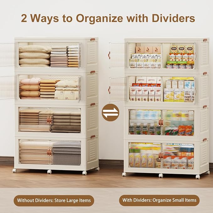 SAILUN 190Gal/760Qt Stackable Storage Bins Folding Collapsible Storage Bins with Lid, Closet Organizers and Storage Box with Door Cream 33.5" W x 19" D x 69" H