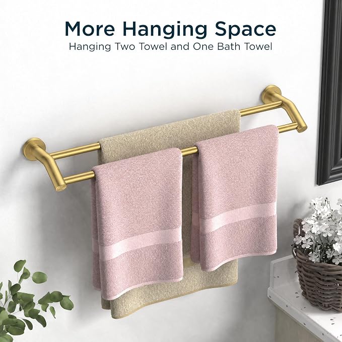 FORIOUS Double Towel Bar 24", Bathroom Towel Holder Rod Wall Mounted Gold | Heavy Duty Towel Racks for Bathroom Bedroom, Space Saving, Rustproof, Stainless Steel Towel Holder, Total Length 26 Inch