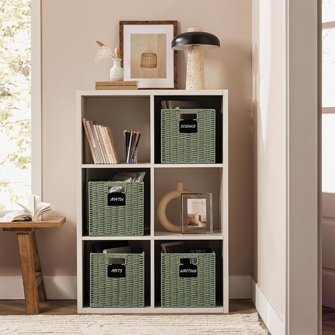 UBBCARE 4 Pack Wicker Basket, 12×12 Storage Cubes with Label, Foldable Cube Storage Bin with Handle, Square Storage Basket for Shelves, Woven Paper Rope Basket for Organizing, Dark Green