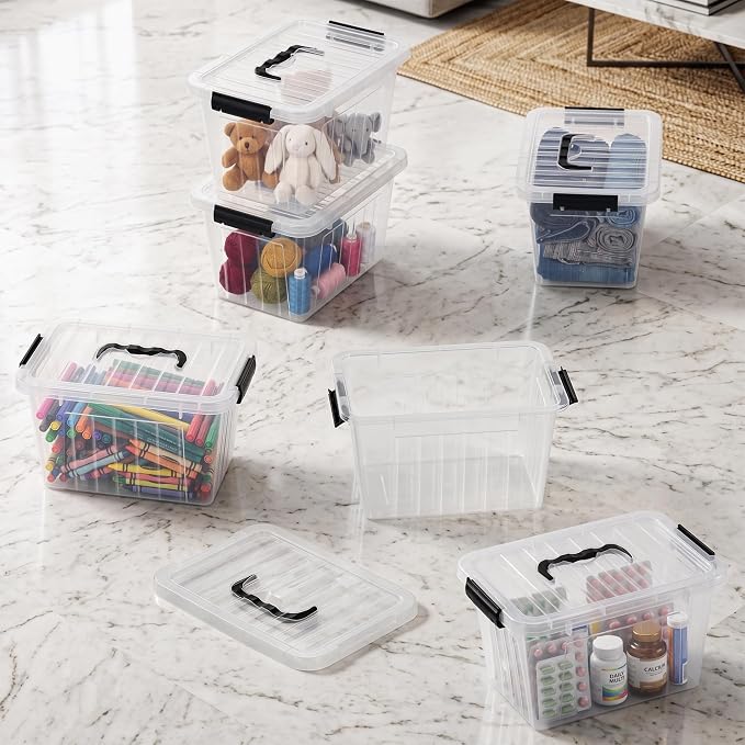 Citylife 7 Qt Clear Plastic Storage Bins with Lids and Handle Small 6 Pack | Stackable See-Through Craft Storage Box Latches Durable Containers Secure Pull Handle Organizing for Home Kitchen pantry