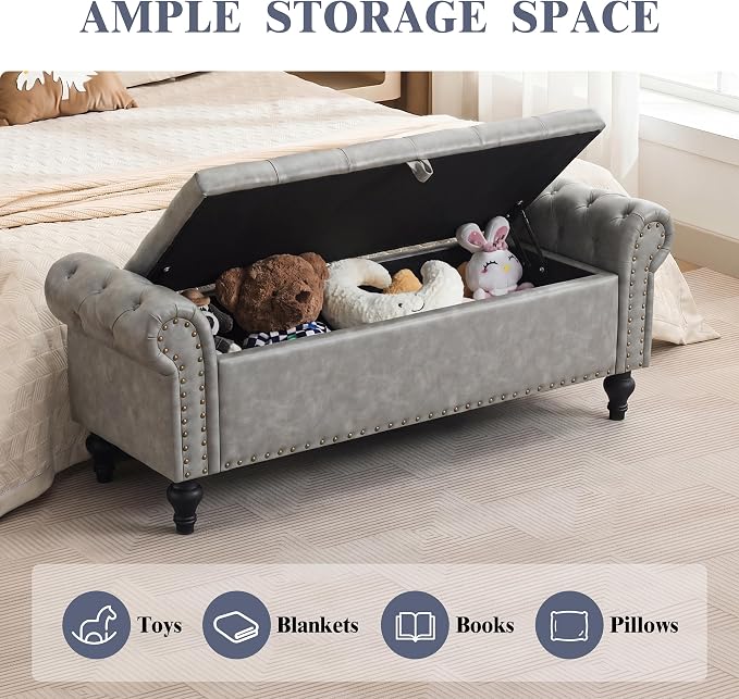 51" Storage Bench for Bedroom, Upholstered Ottoman Bench, Leather LightGray | End of Bed Bench for Bedroom, Window Benches for Living Room, Entryway, Ottoman with Large Storage Space, Pet Friendly
