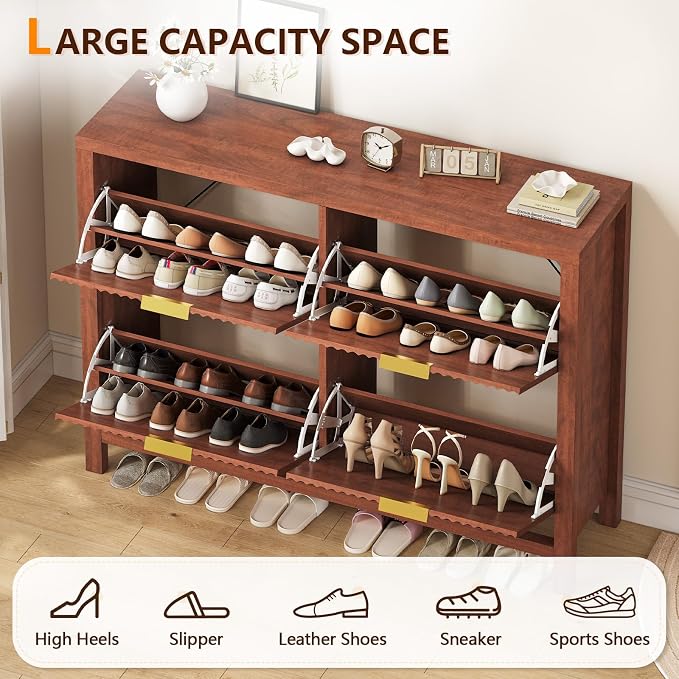 47" Fluted Shoe Cabinet Stoarge with 4 Flip Drawers for Entryway, Hallway | Hidden Shoe Rack Slim Freestanding Shoe Organizer with Legs for Hallway, Living Room, Red Walnut