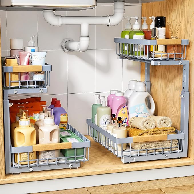 PXRACK Under Sink Organizer, Adjustable Height, 2 Tier Pull Out Under Cabinet Organizer, Slide Out Thickened Metal Under Sink Storage for Kitchen Bathroom Laundry Pantry Cabinet, Grey, Large-2-Pack