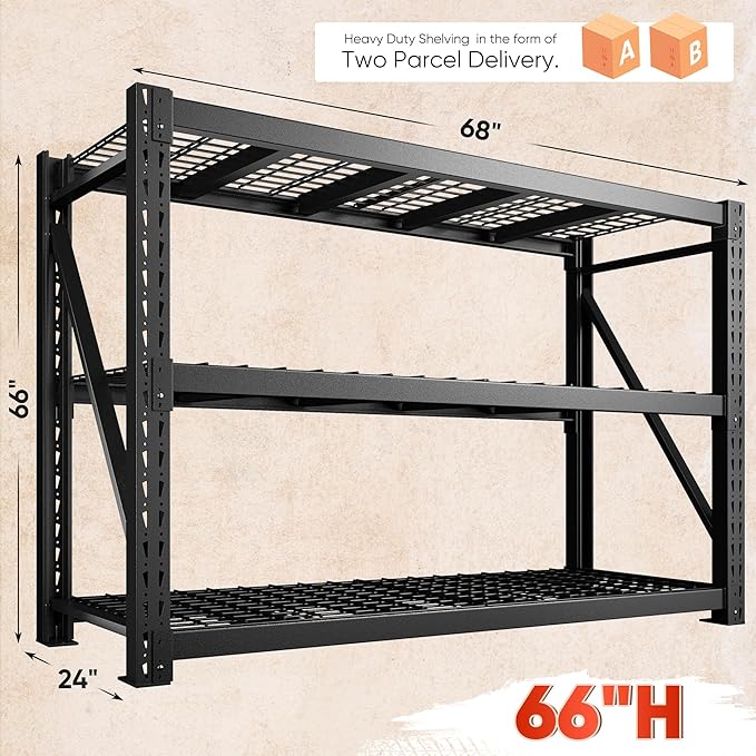 Bepatio 7050LBS Heavy Duty Garage Shelving,68''W Storage Shelves Metal Shelving Unit, 3 Tier Shelf,Adjustable Industrial Shelving for Warehouse Commercial Storage Rack,68''Wx23.7''Dx66''H