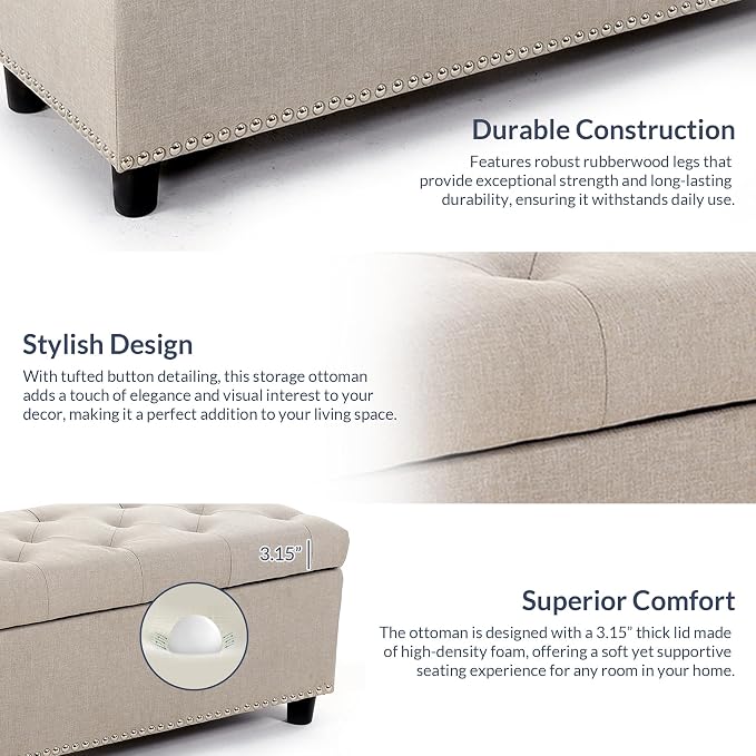 BELLEZE Storage Ottoman, Tufted Ottoman with Close Hinge, Foot Rest for Living Room (Beige, 47 inch)
