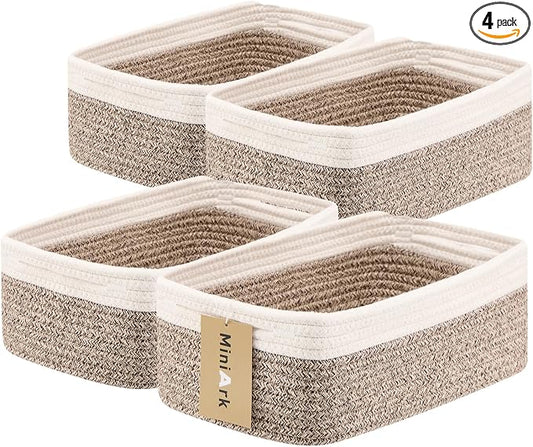 MiniArk Small Storage Baskets for Organizing | Closet Organizer Bins | Shelf Toy Basket | Woven Rope Baskets | Cube Decorative Box | Shallow Basket | 13x8.5x5.1” | 4 Packs White Brown