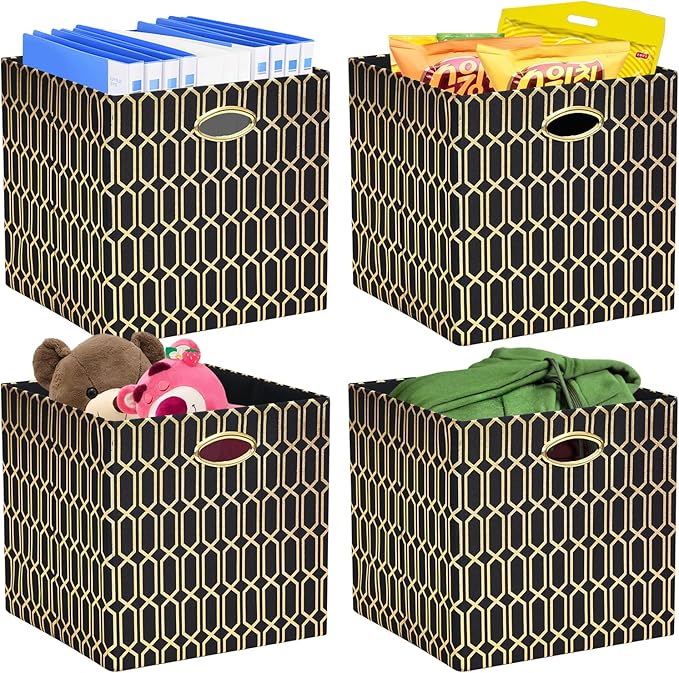 Posprica Storage Bins, Storage Cubes,13×13 Fabric Drawers Organizer Basket Boxes Containers (13×13×13/4pcs, Black/gold geometry Pattern)