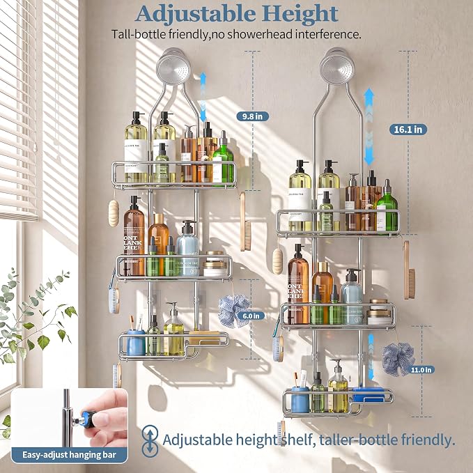 Skyapex Shower Caddy Hanging Bathroom Organizer: Over Head Adjustable Rack for Tall Showerhead - Extra Large Storage Shelf for Big Shampoo Bottles with Soap Holder