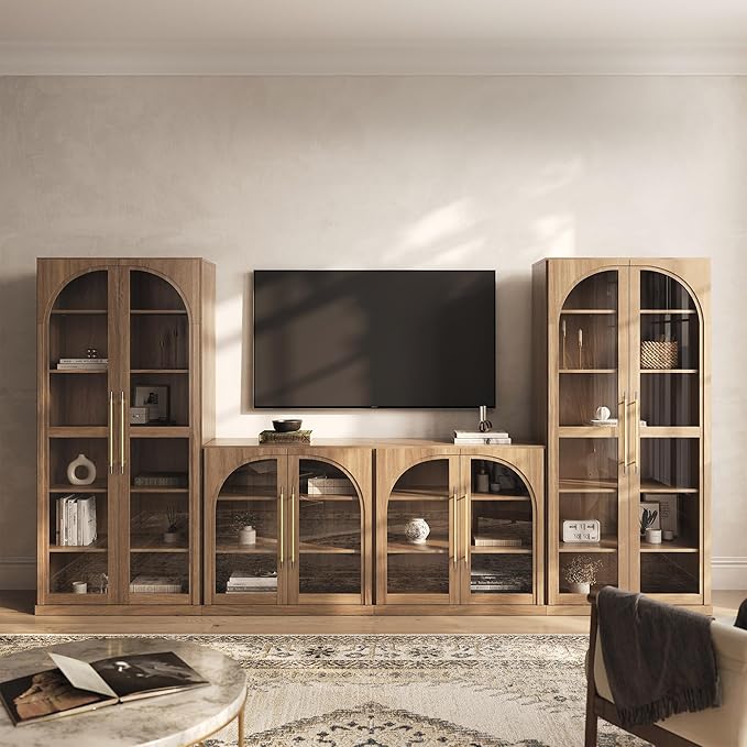 BELLEZE 3-Piece Modular TV Stand Set - 1 Arched Glass Door Sideboard and 2 Tall Cabinets, Modern Modular Entertainment Center with Adjustable Shelves for Living Room(Camel)